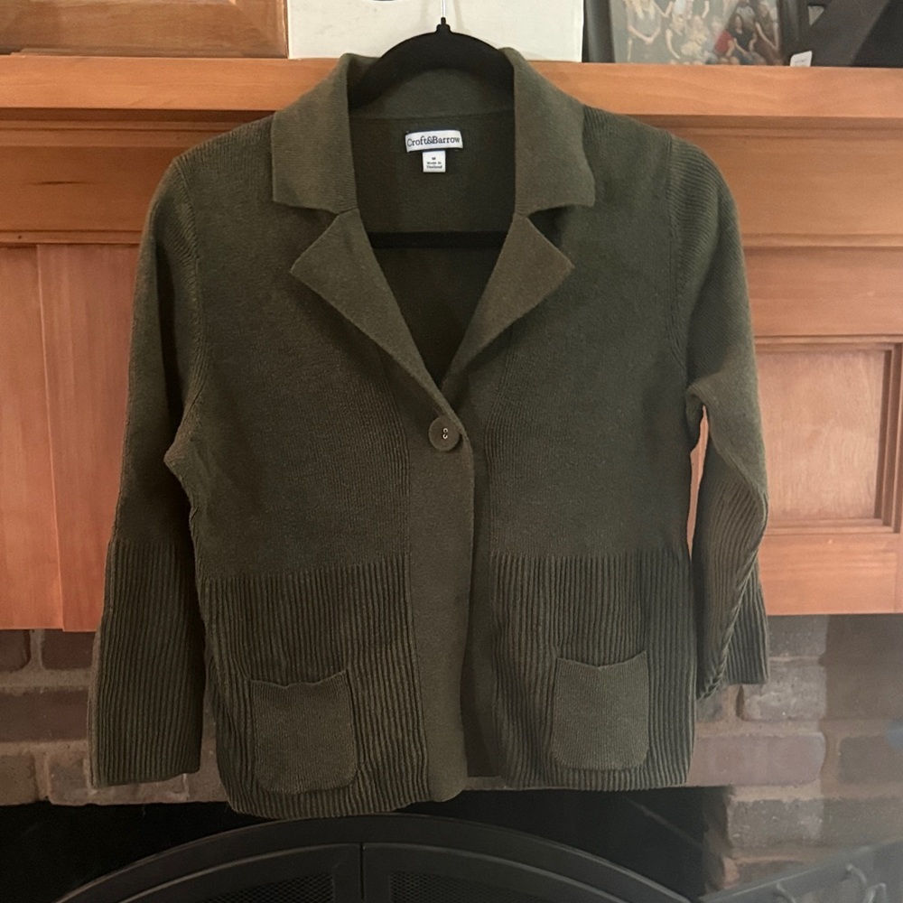 Croft & Barrow Olive Green One Button Knit Cardigan Sweater Blazer Patch Pockets
